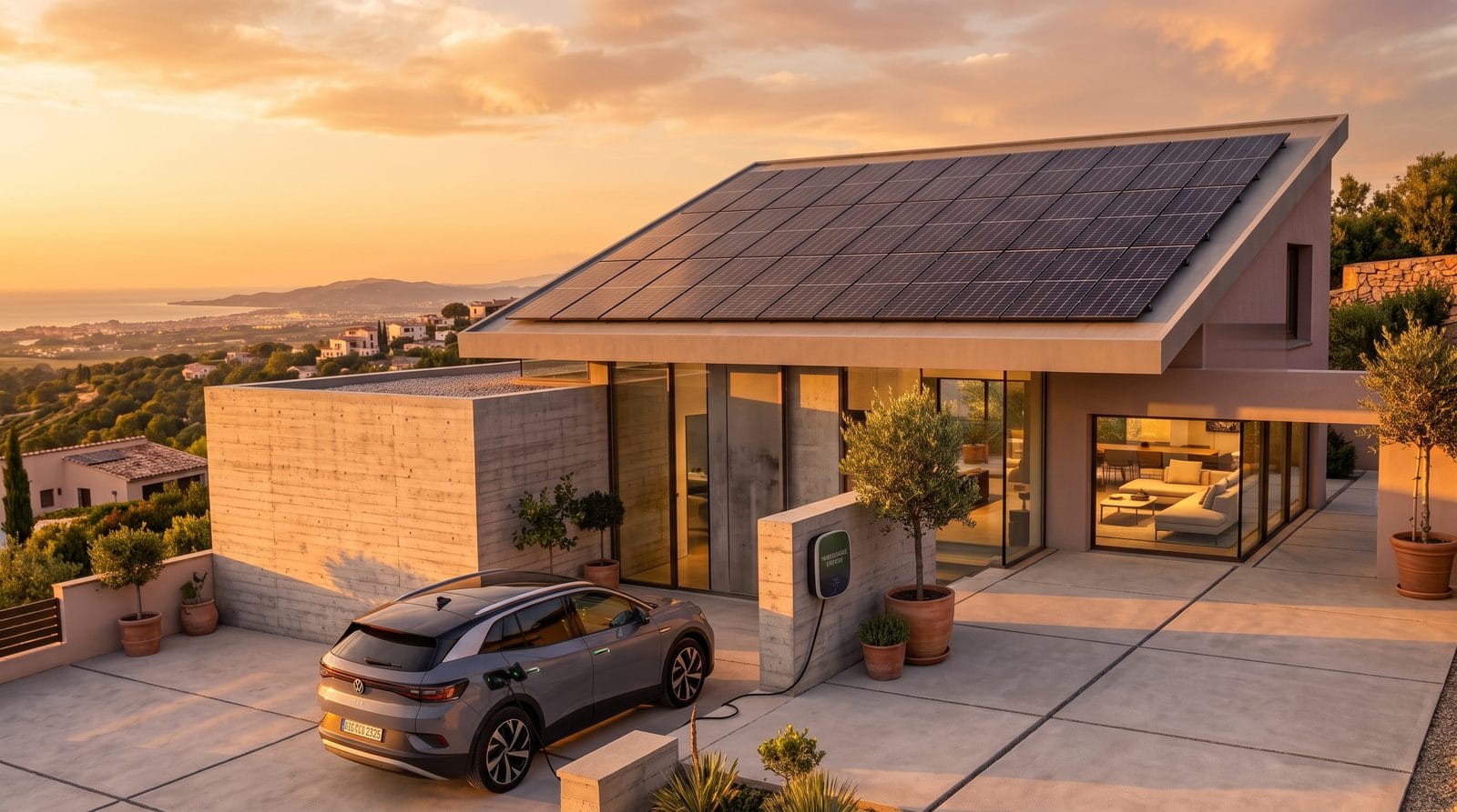 Casa moderna con paneles solares en el techo y un auto eléctrico cargando en la cochera, al atardecer
