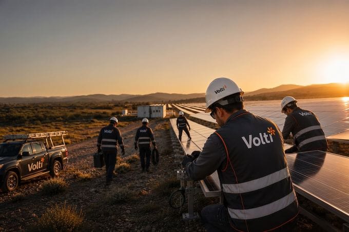 Ilustración: cuadrilla con chalecos de Volti entre filas de paneles solares al atardecer