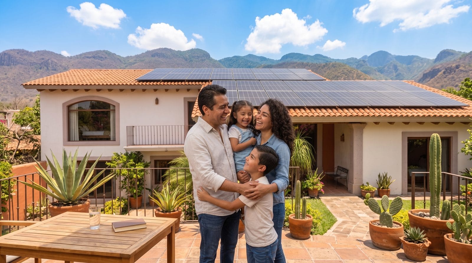 Familia celebrando frente a su casa de teja con paneles solares y montañas al fondo